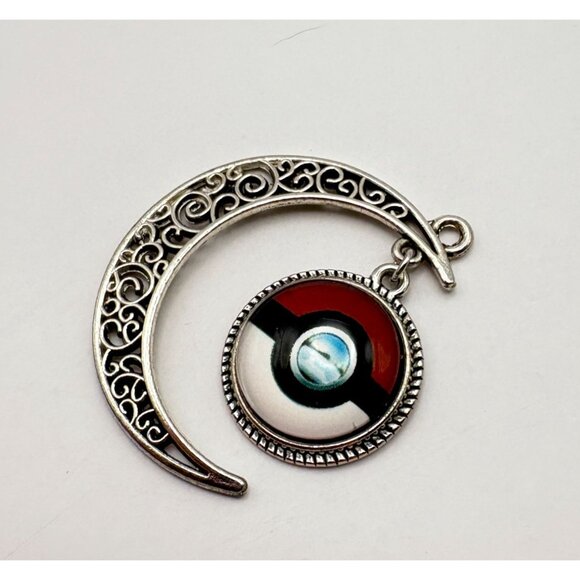 Pokeball Inspired Crescent Moon Pendant Silver Tone Pokemon Gaming Celestial - Picture 5 of 6